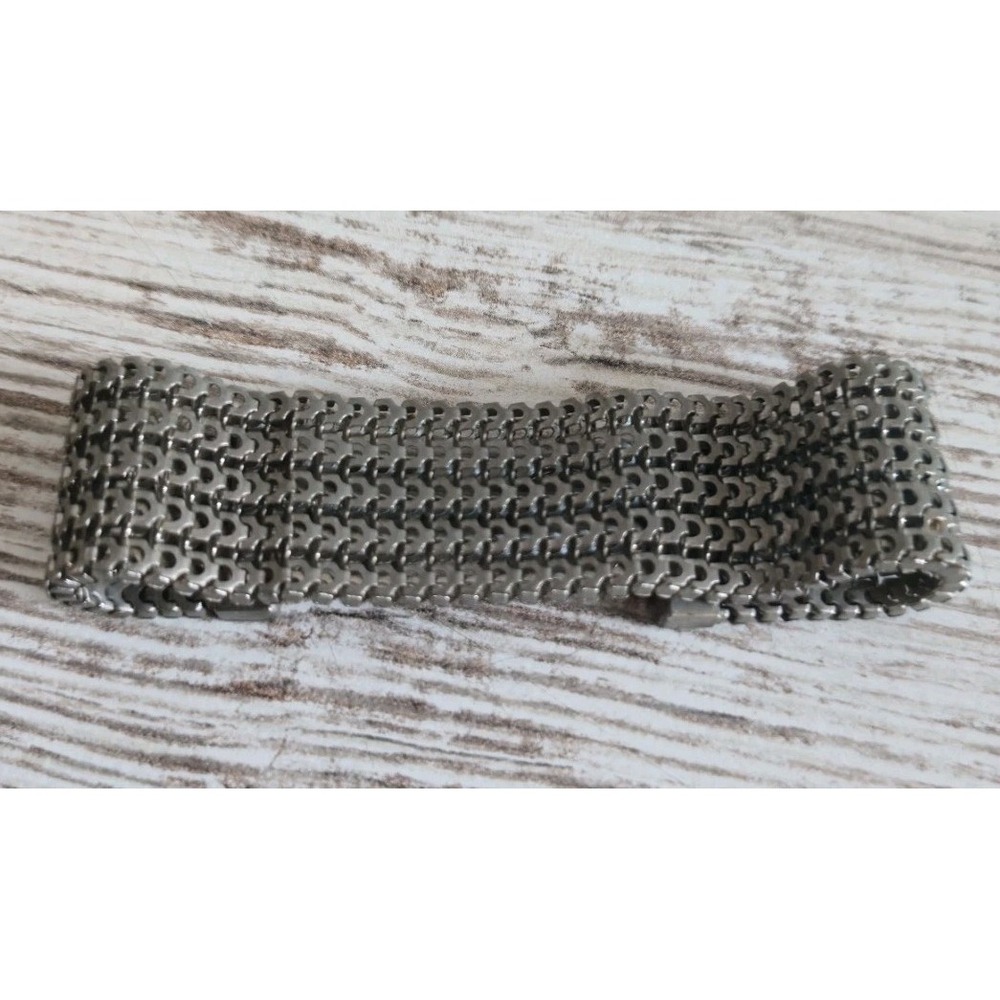Vintage Silver Tone Wide Woven Mesh Chainmail Bracelet Toggle Clasp 7.5"